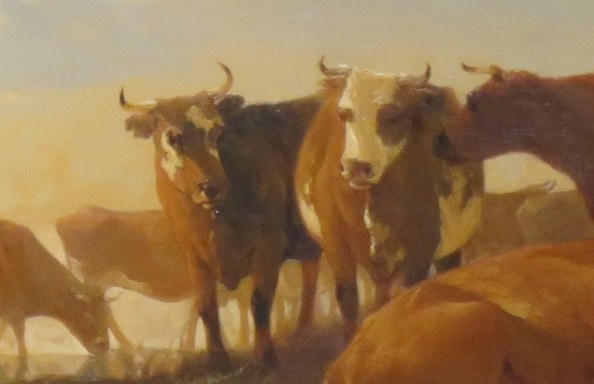 A herd of cows grazing by the water.