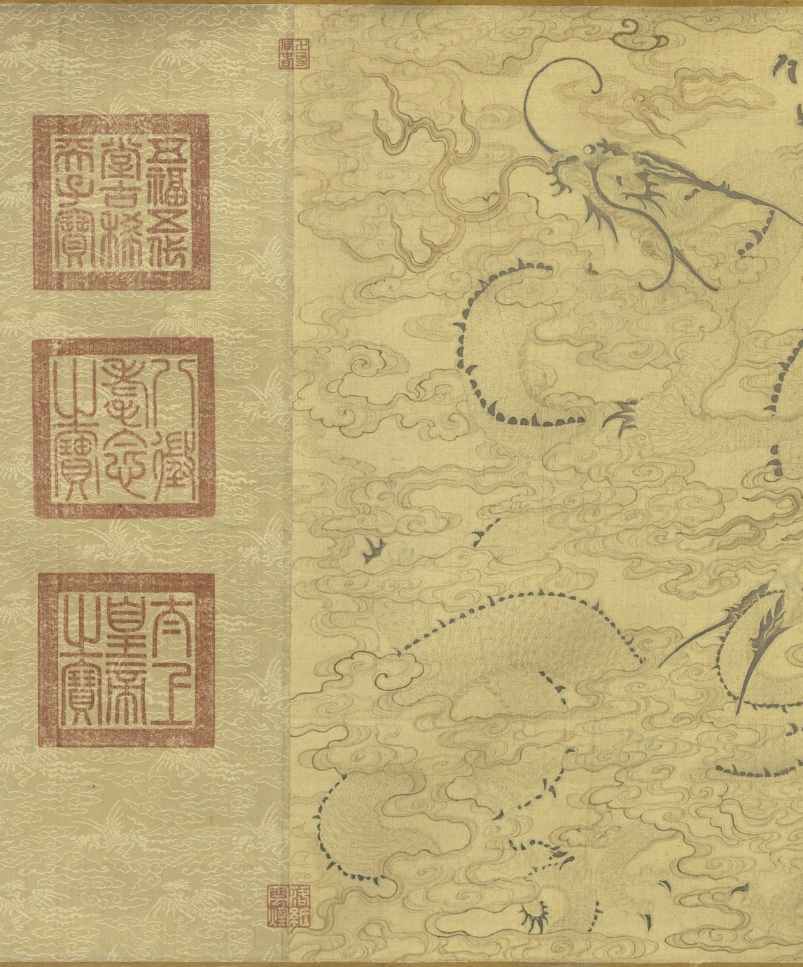 The support material itself is a datum , this pale gold tone is characteristic of high-grade Chinese silk used for imperial commissions; its contrast with Castiglione's more densely worked Western-style portrait sections reveals the two visual registers operating in this hybrid work.