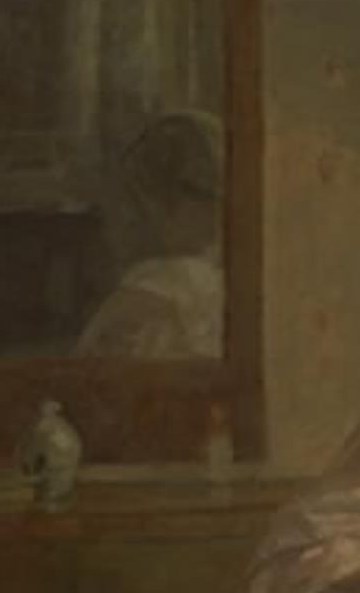 The indistinct reflection hints at the presence of another figure or the room's interior, adding a layer of mystery.