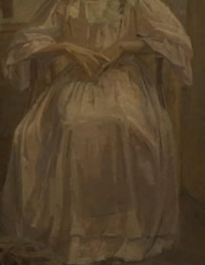 The soft folds and light color of the dress create a gentle, feminine presence, contrasting with the darker background.