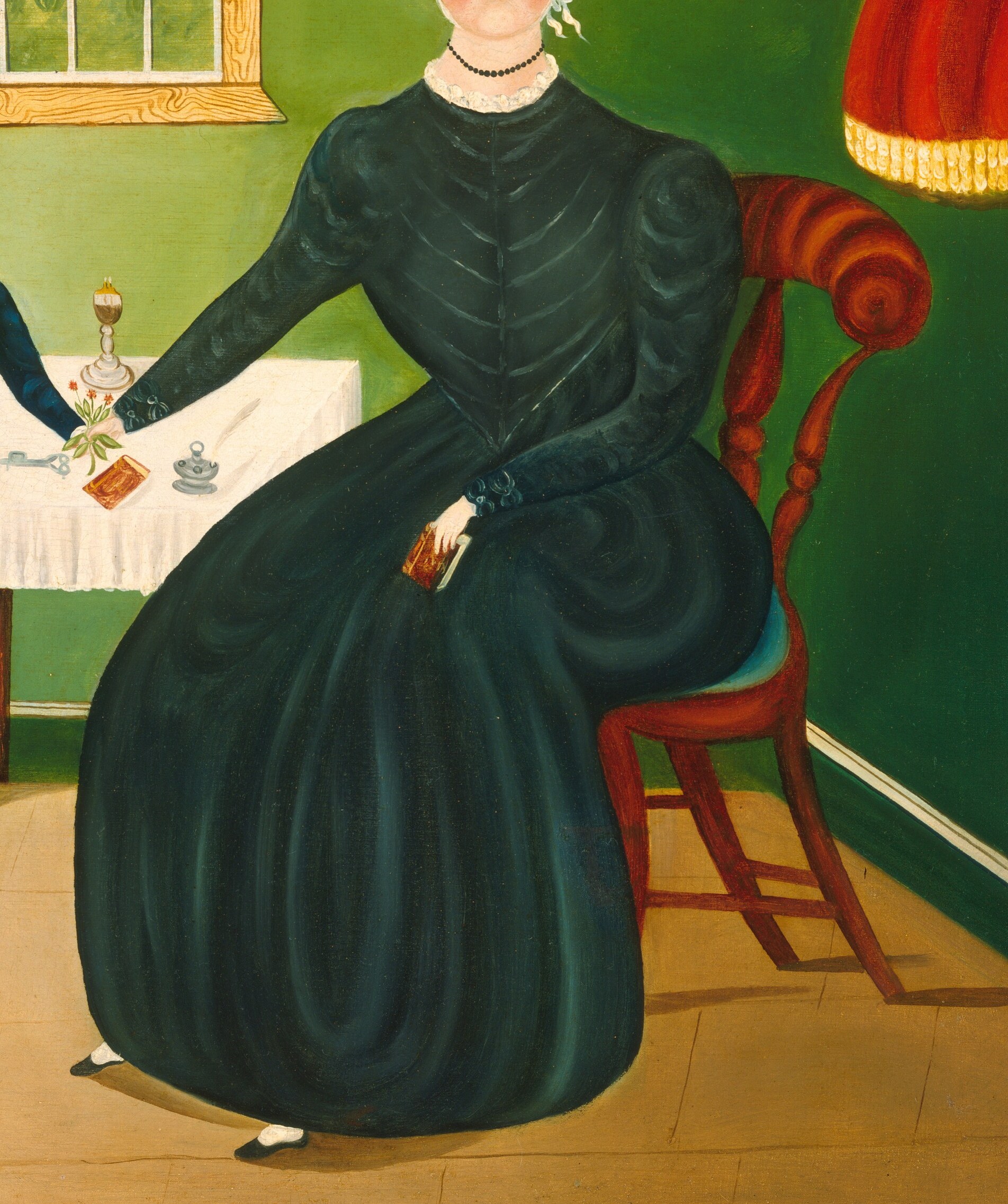 The voluminous folds of the dress create a sense of weight and domesticity, its dark color absorbing the light.