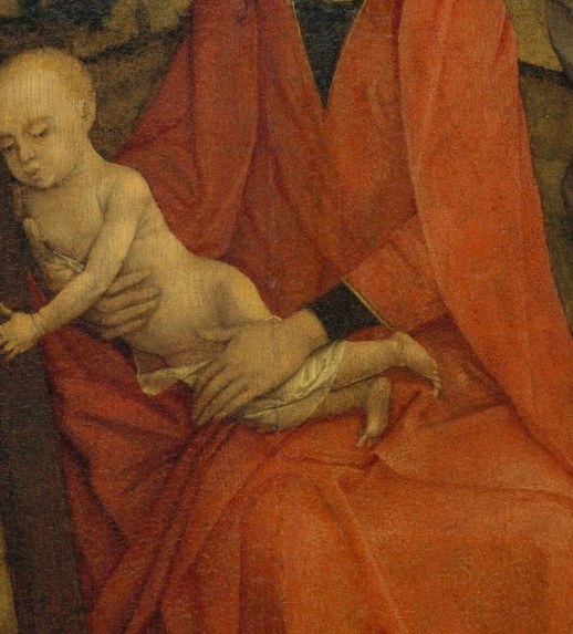 The infant in her lap is already framed against his own death.