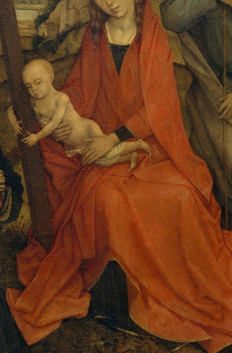 The Virgin wears a red so loud it silences the rest of the painting.