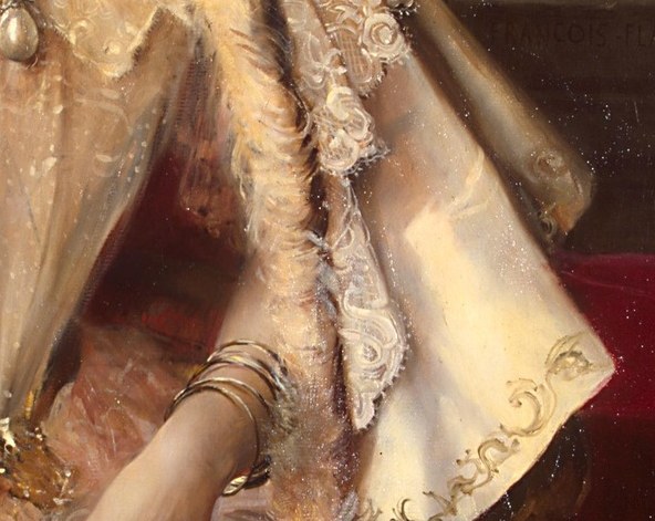 The delicate, almost transparent lace highlights the artist's skill in rendering fine fabrics and adds a layer of feminine elegance.