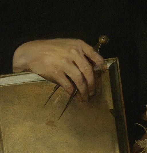His left hand holds a book, perhaps a ledger or plans.