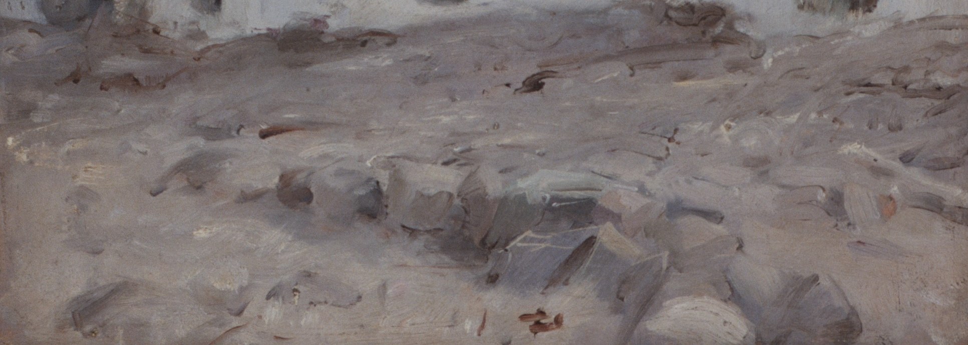 The rough, broken ground adds to the sense of age and neglect, grounding the structure in a realistic, unpolished environment.