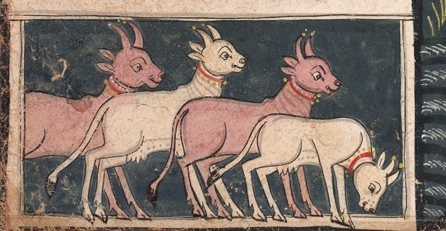 The presence of cows, sacred in Hinduism, grounds the scene in earthly life and pastoral imagery.