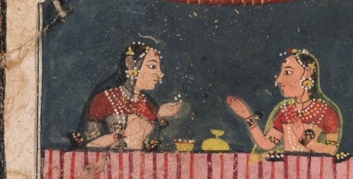 This scene depicts social interaction and hints at a domestic or courtly narrative.