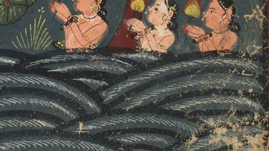 Below him, milkmaids offer lamps in devotion.