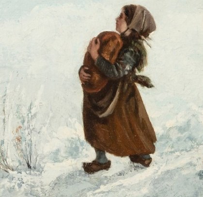 Beside her, a child walks bundled against the cold.
