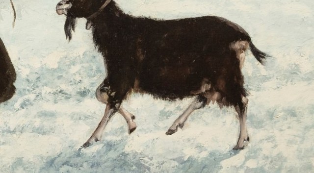 The goat, a common farm animal, adds a touch of rural realism and perhaps symbolizes sustenance or a companion in hardship.