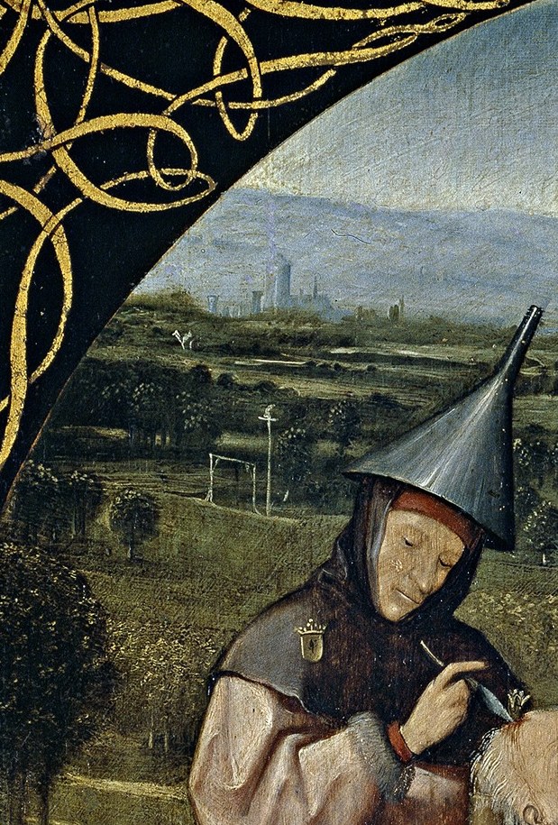 The single most loaded symbol: mountebanks and jesters wore this hat at fairs; Bosch's audience needed one glance to know the 'doctor' is a fraud , the diagnosis is in the costume, not the procedure.