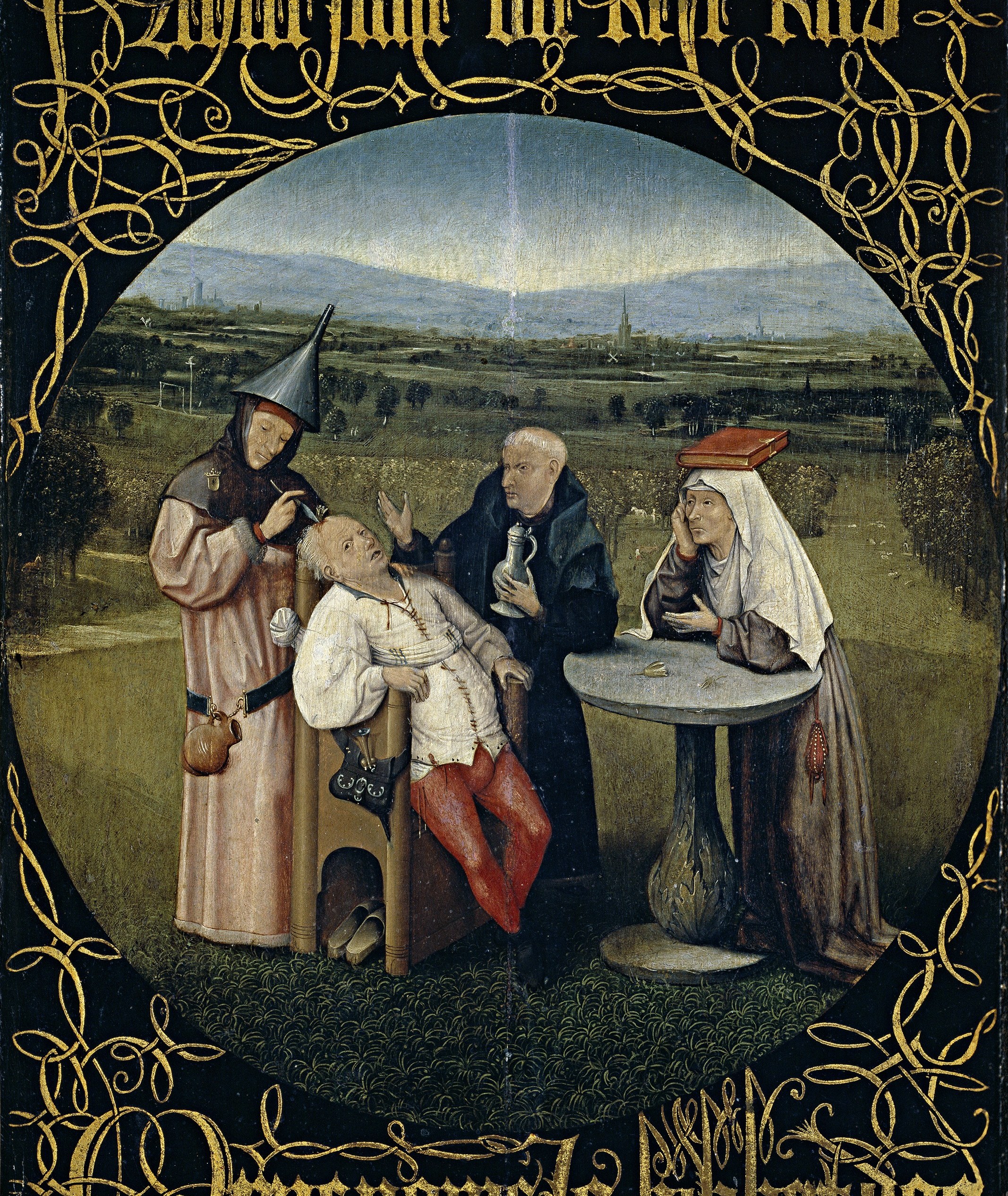 The roundel format echoes medieval moralizing medallions and illustrated proverb manuscripts , Bosch signals the genre before a single figure is read, priming the viewer to expect instruction wrapped in absurdity.