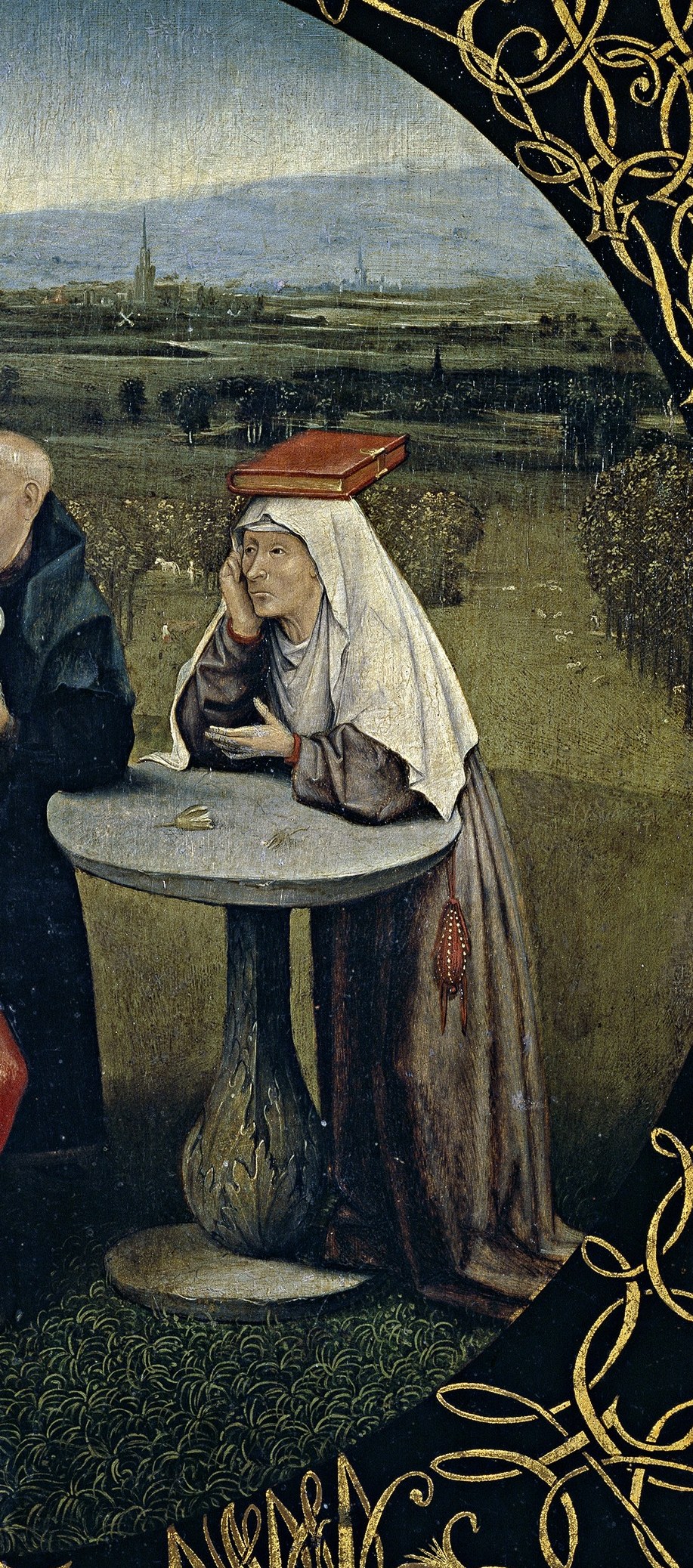 The painting's deepest puzzle: a book (scripture? knowledge?) worn as a hat rather than read , she is the most debated figure in Bosch scholarship, read variously as corrupt clergy, futile piety, or mute witness.
