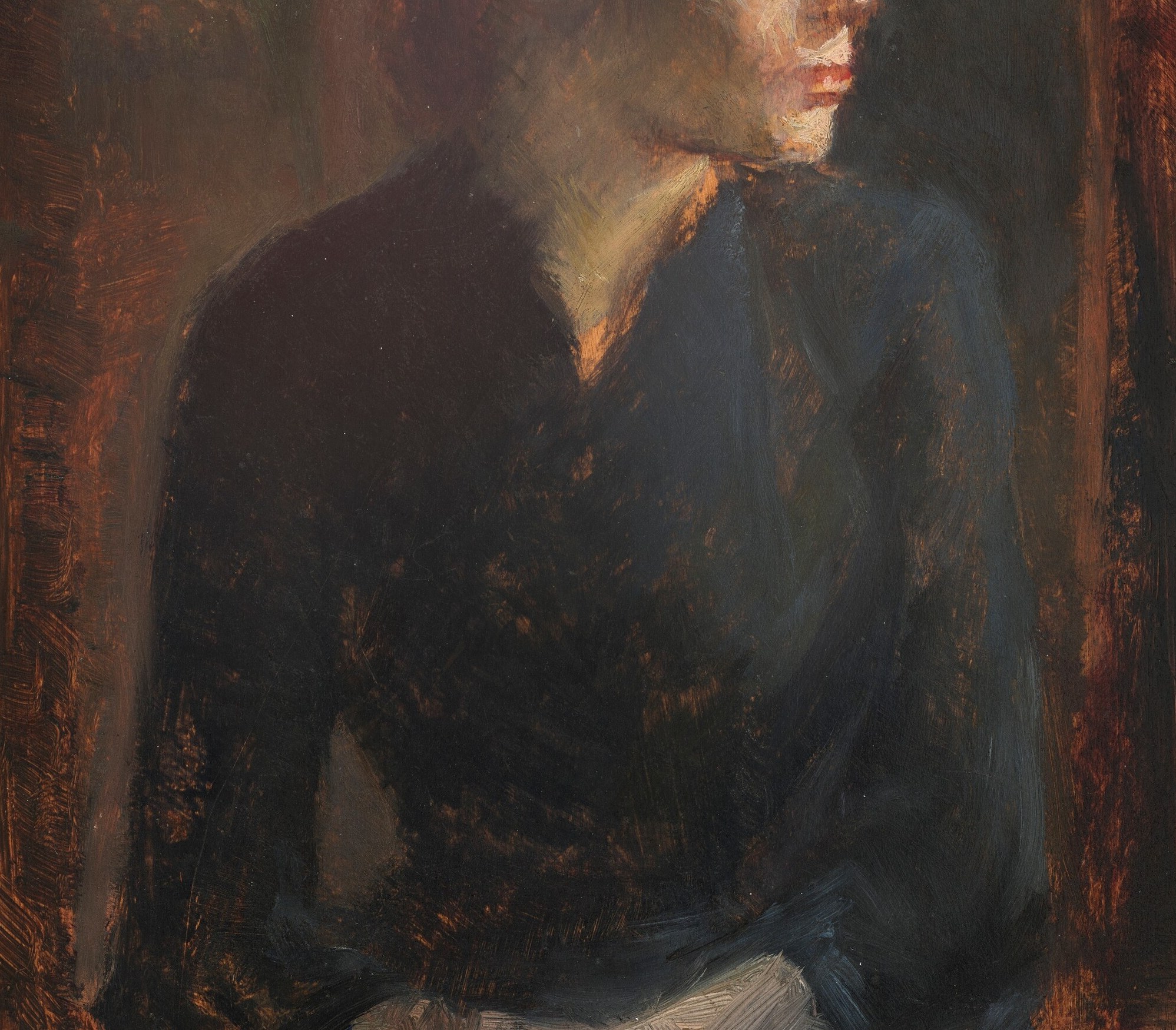 The jacket is barely described , a flat, near-uniform dark that reads as pure silhouette, giving the painting an almost Japanese two-dimensional quality beneath the impressionist surface.