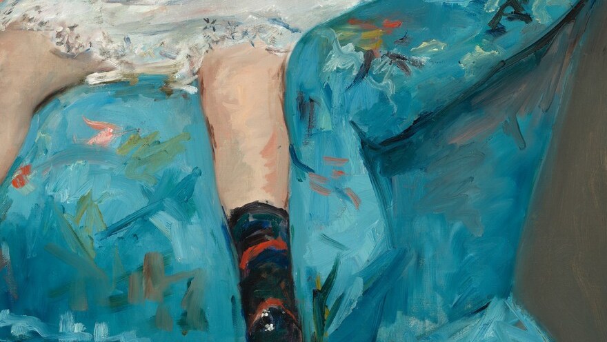 Sunday-best shoes pointed nowhere in particular , the formal made absurd by physical abandon, a key irony of the composition