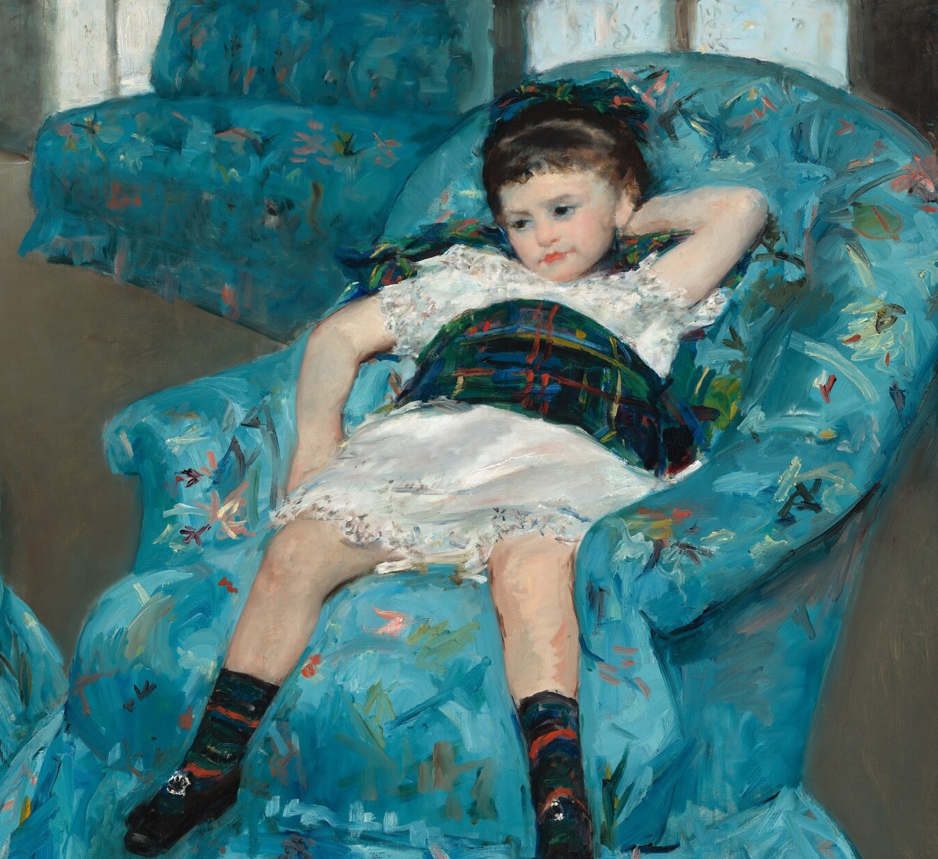 Arms up, legs out, head lolling , the total pose was so unconventional for a bourgeois girl's portrait that the painting was rejected from the 1878 Salon and Cassatt withdrew it