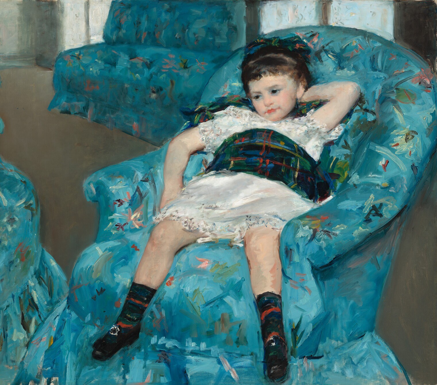 The chair is almost absurdly large relative to the child , it swallows her, inverting normal portrait hierarchies and making scale itself expressive