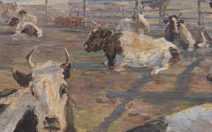 Thick brushstrokes render the cow's coat.