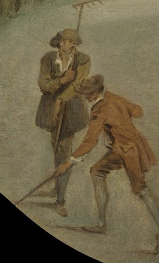 His posture suggests hard work and a connection to the earth, contrasting with the leisurely figures.