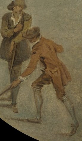 The rake is a symbol of agriculture and labor, grounding the scene in a pastoral setting.
