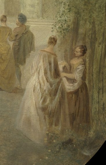 Her elegant attire and posture suggest leisure and the refined social activities of the era.