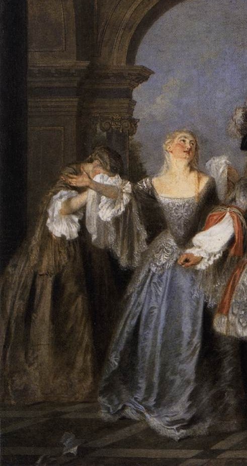 The luminous pale dress anchors the left axis; Watteau's handling of the sheen on silk versus lace is the main technical showpiece of this painting