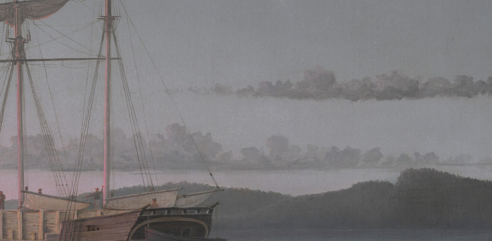 The dominant subject , dark wooden hull sitting low and still, suggesting a heavy lumber cargo; Lane's brushwork dissolves its base into the mirrored water.
