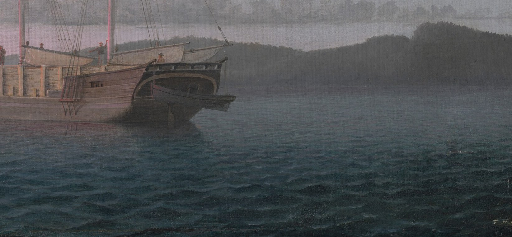 Look closely at the schooner's dark reflection below the hull.