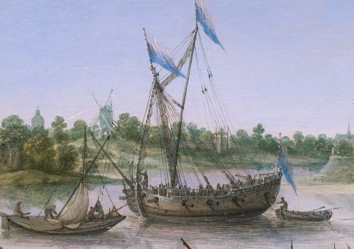 The central vessel, laden with people, represents the journey and the hope for a new beginning.