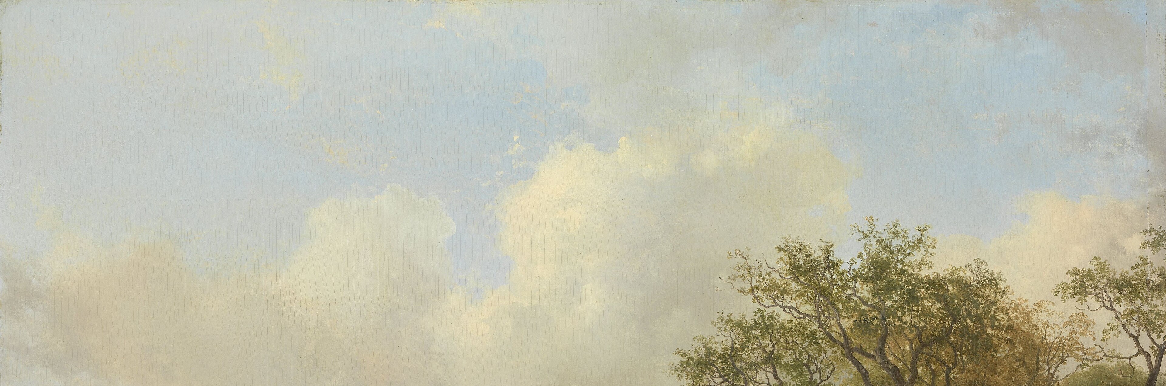The sky occupies nearly half the canvas , a Romantic Dutch tradition; the towering clouds carry the painting's atmosphere and elevate a humble subject to grandeur