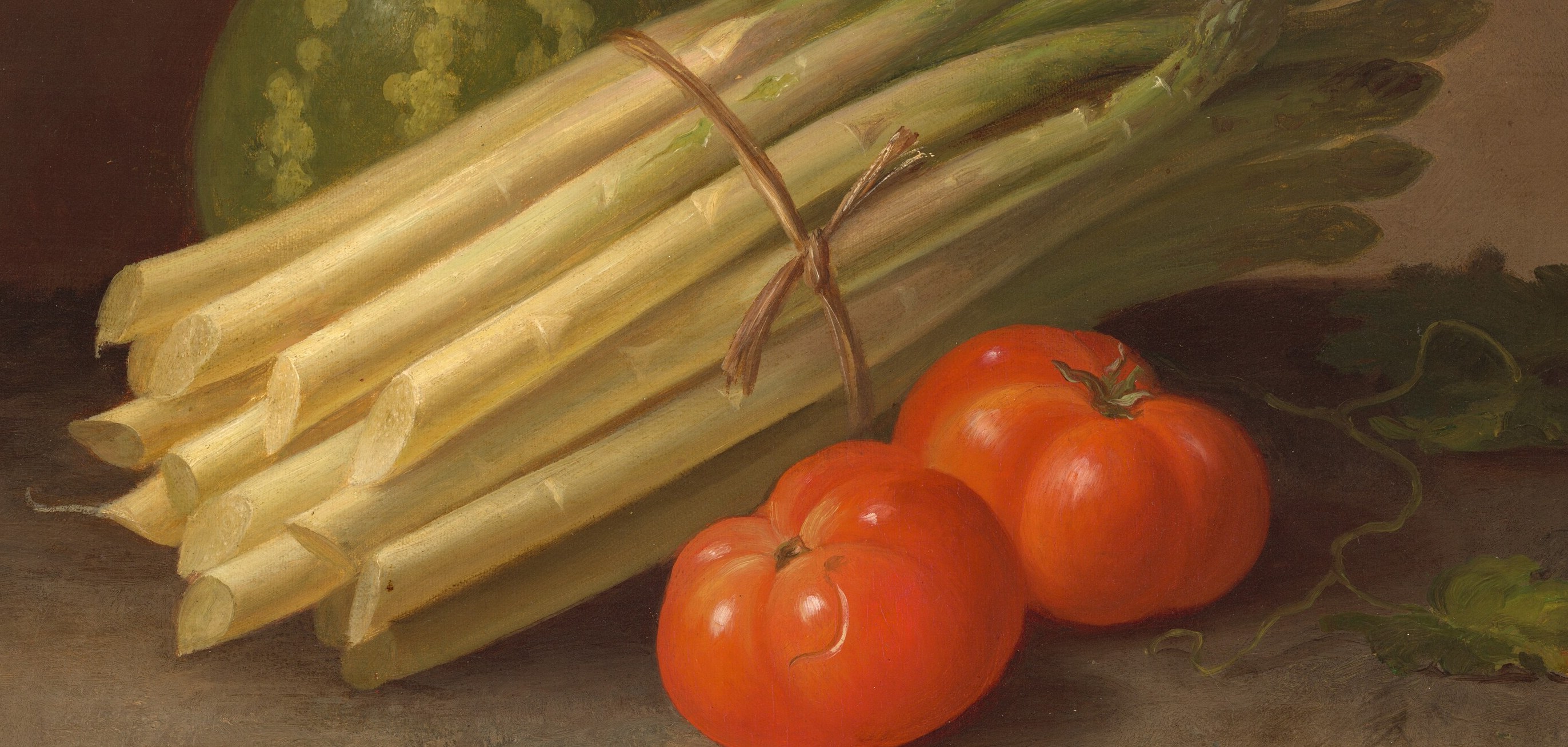Asparagus, tomatoes, a squash, all carefully rendered.
