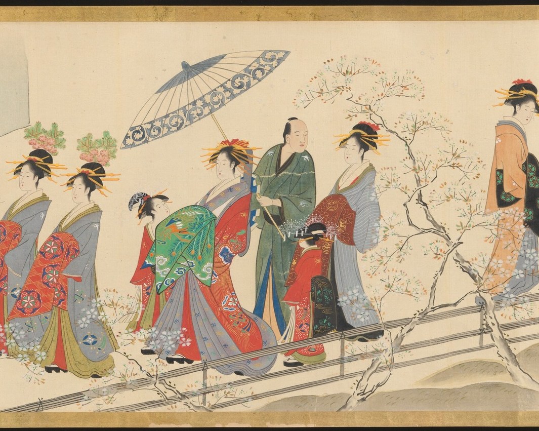 They watch as the women of the pleasure quarter parade past.