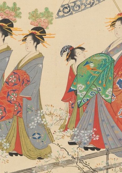 The child beside her is a kamuro, a young attendant to elite courtesans.
