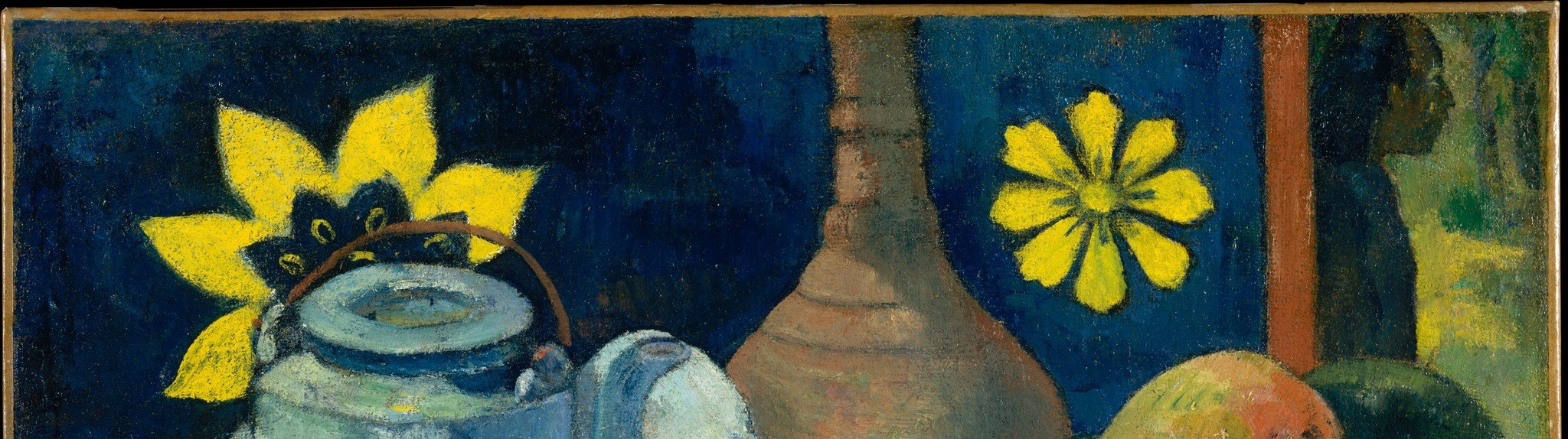 The saturated, non-naturalistic background color is pure Gauguin , it eliminates recession and pushes objects forward into a decorative plane, a hallmark of his mature style.