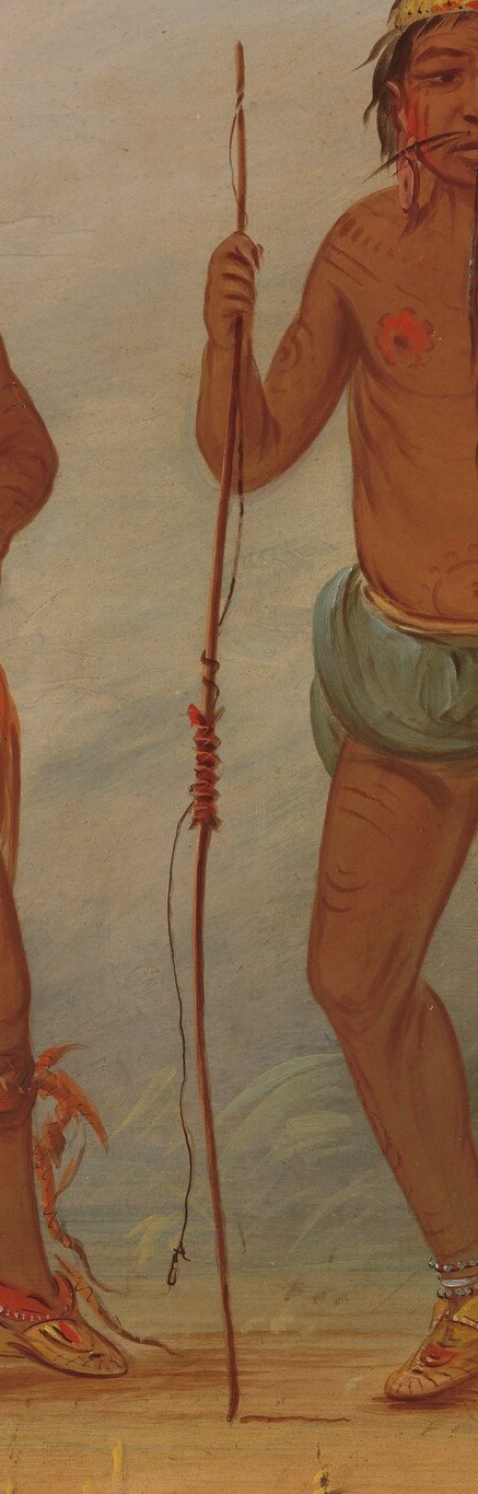 The staff, held upright, could signify authority or be a tool for walking.