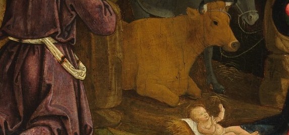 The luminous pale body radiates light from the ground up , Antoniazzo places the light source in the child itself, a compositional choice that predates Correggio's famous nocturnal Nativity by decades.