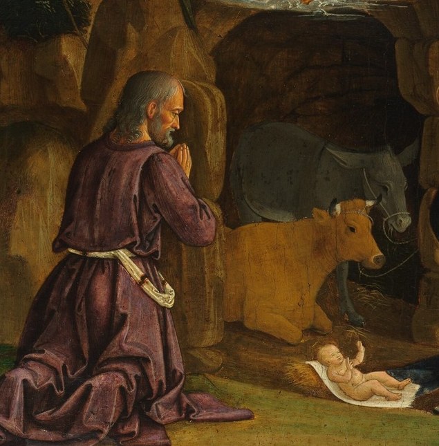 The emotional axis of the painting , her posture of reverent prostration before her own child is theologically loaded; the interplay of blue robe and gold halo makes her the color anchor of the composition.