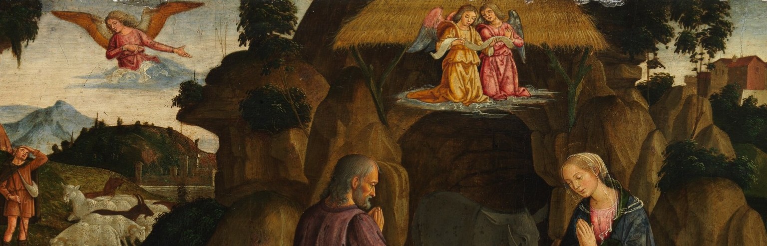 The rough geology contrasts with the softness of the figures and serves as a visual metaphor for the hard world into which the divine has descended; also demonstrates Antoniazzo's interest in naturalistic landscape.