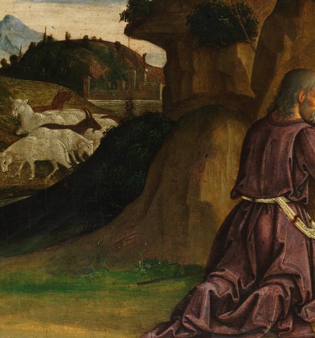 Older bearded figure in muted earth-toned robes; his folded-hands posture mirrors Mary's reverence but differs in gravitas , worth a close read against hers.