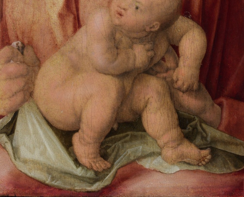 The white linen beneath the child is a burial shroud in waiting.
