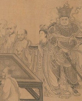 The presence of a military guardian amid a philosophical debate signals the royal/celestial authority of the event and anchors the right half of the composition