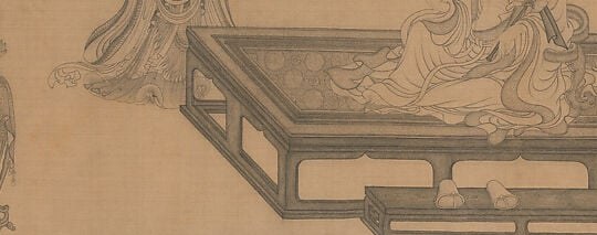 The only major piece of furniture in the scene; its elevated horizontal mass organizes every other figure and signals that this is a formal philosophical audience, not a sickroom