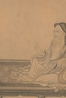 The pale silk robe stands out against the ink ground , likely a female court attendant or celestial figure, adding social hierarchy to the assembly