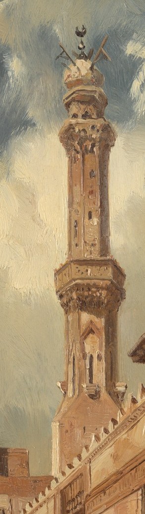 This minaret's prominent position and detailed stonework draw the eye, hinting at the grandeur of the city.