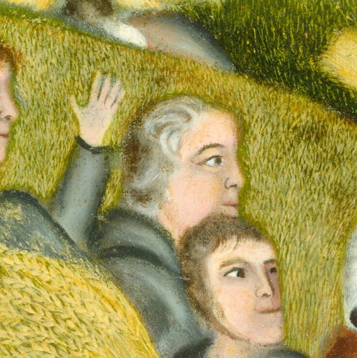 His formal attire contrasts with the laborers, suggesting he might be an overseer or a figure of authority.
