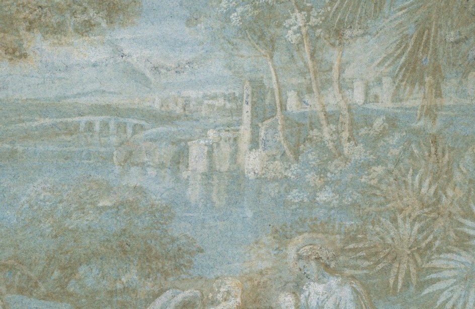 A horizontal plane of caught light that ferries the eye from the figures toward the glowing horizon , the compositional engine of the painting.