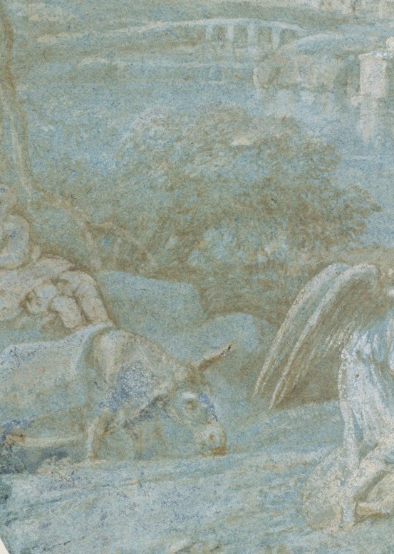 Devotional core of the composition; Mary's sheltering posture anchors sacred narrative inside a vast pastoral setting , intimacy framed by infinite distance.