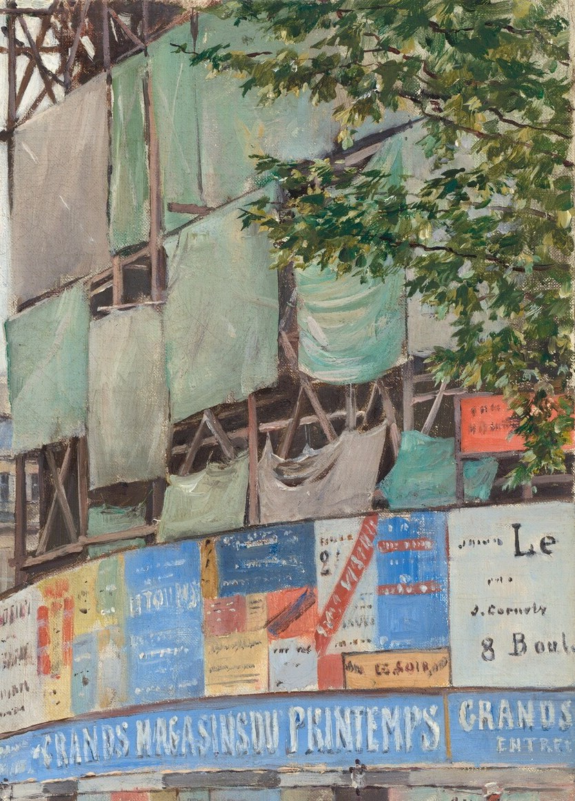Early modern advertising literally wallpapering a construction site , one of the earliest painted documents of how commercial imagery colonized the urban skyline