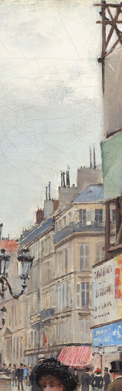 A Haussmann-era civic installation , these elaborate lamps were new urban infrastructure; its presence anchors the scene in the modernized Paris of the 1870s-80s